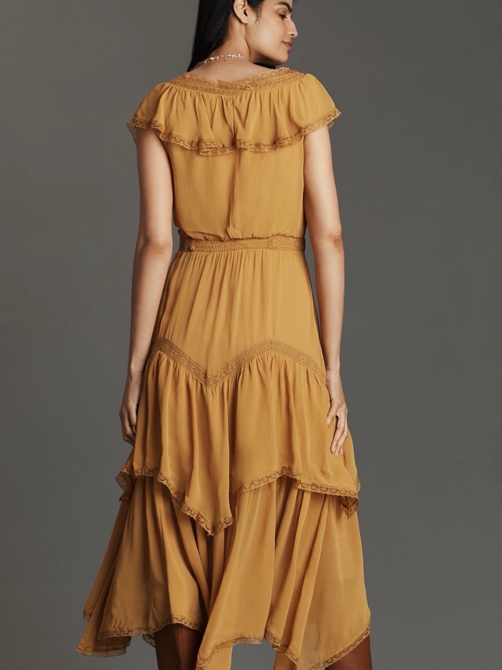 Anthropologie Mustard Ruffle Tiered Midi Dress - Picture 2 of 11